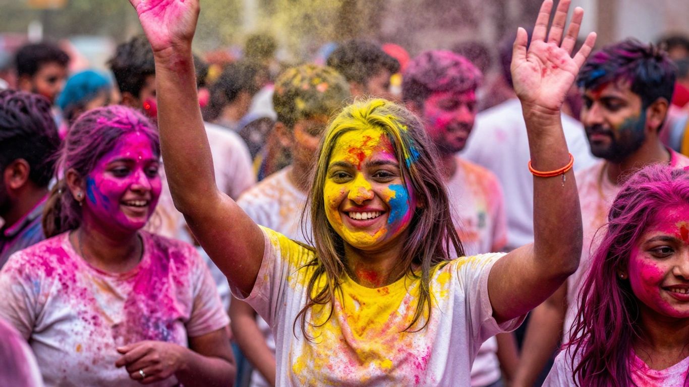 People celebrating Holi with colored powder.