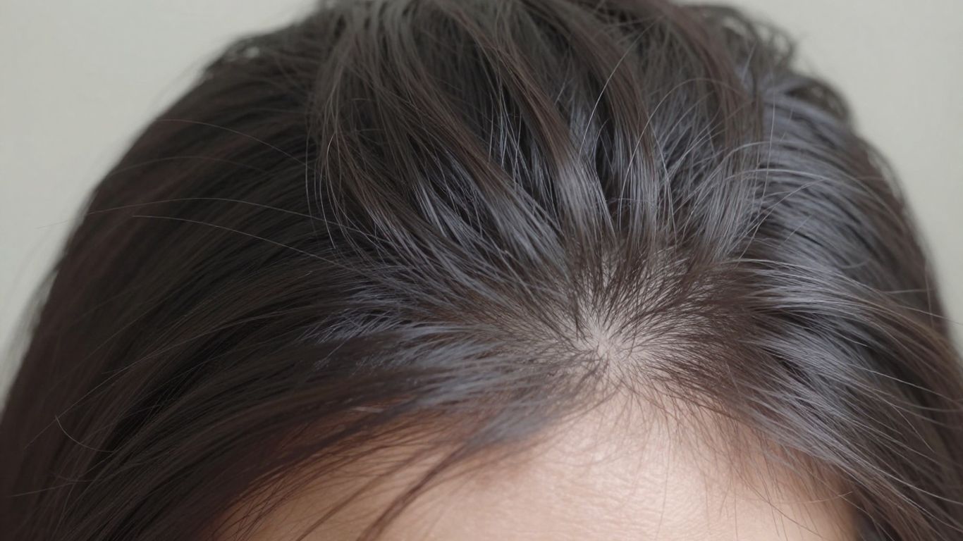 Person's scalp with falling hair strands.