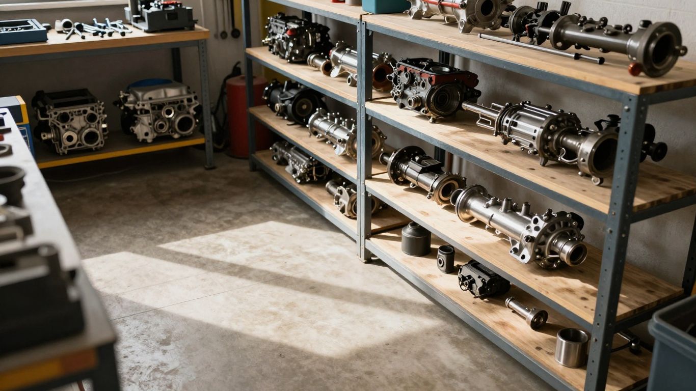 Used car engines and transmissions in a workshop.