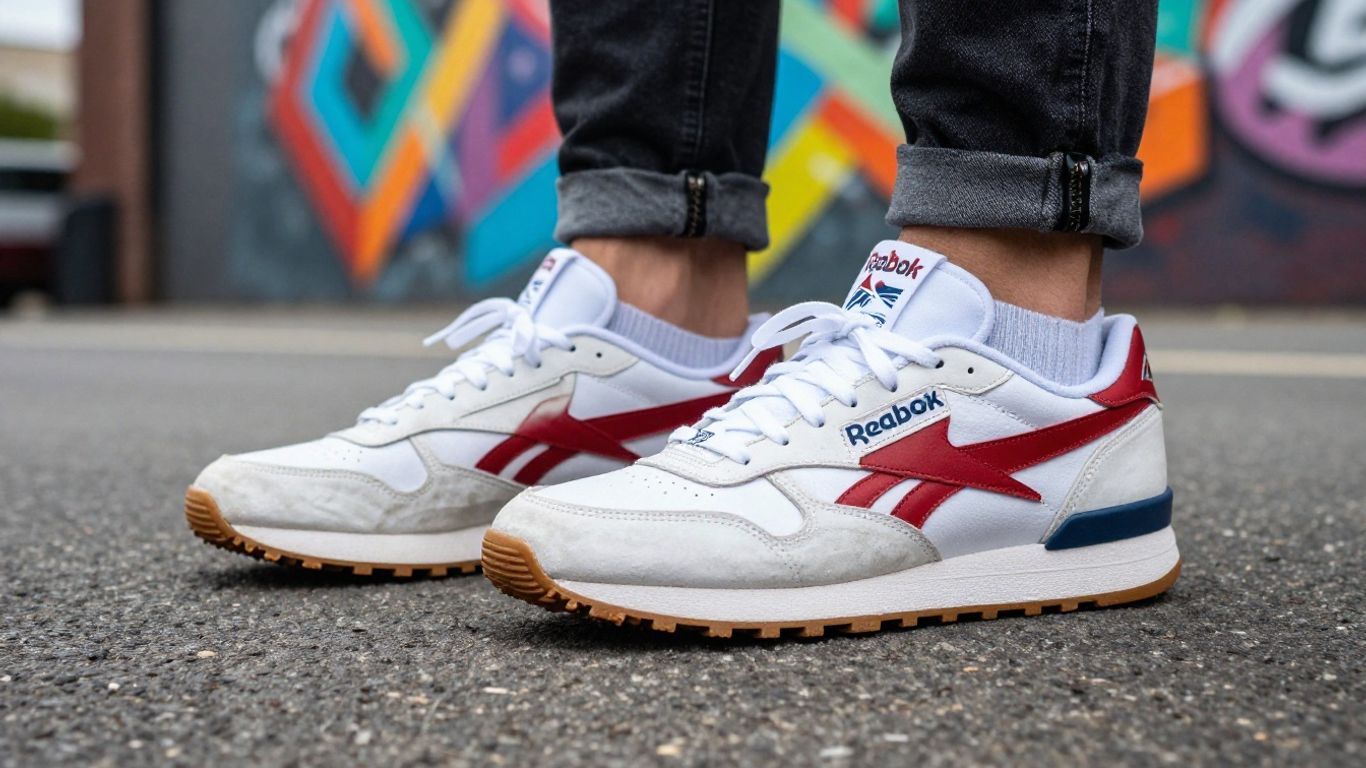 Adidași Reebok pe fundal urban.