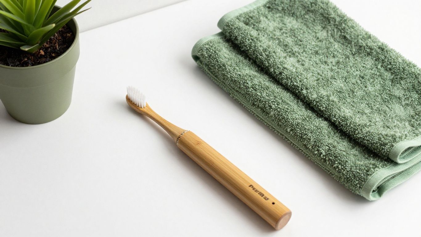 PearlBar bamboo electric toothbrush with plant and towel