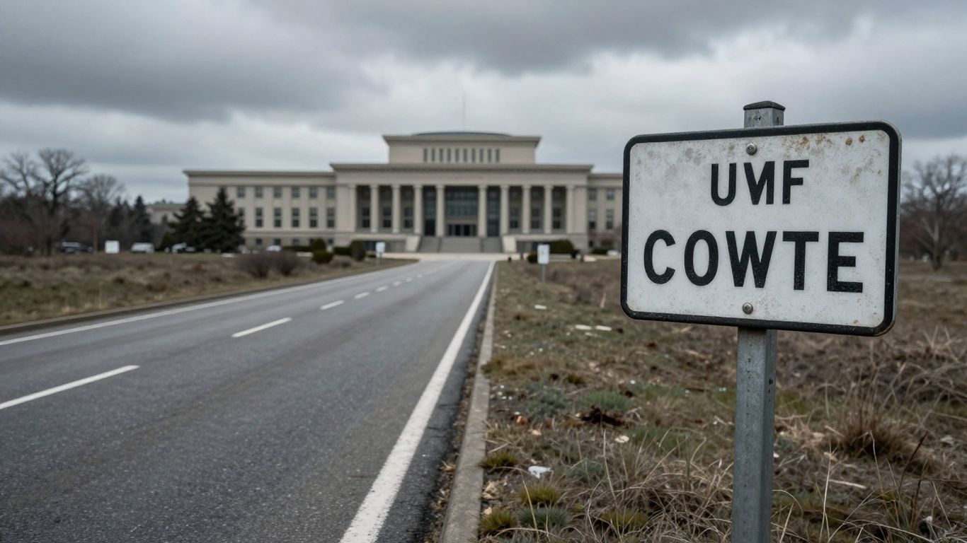 Route vide menant à un bâtiment gouvernemental sous un ciel gris.