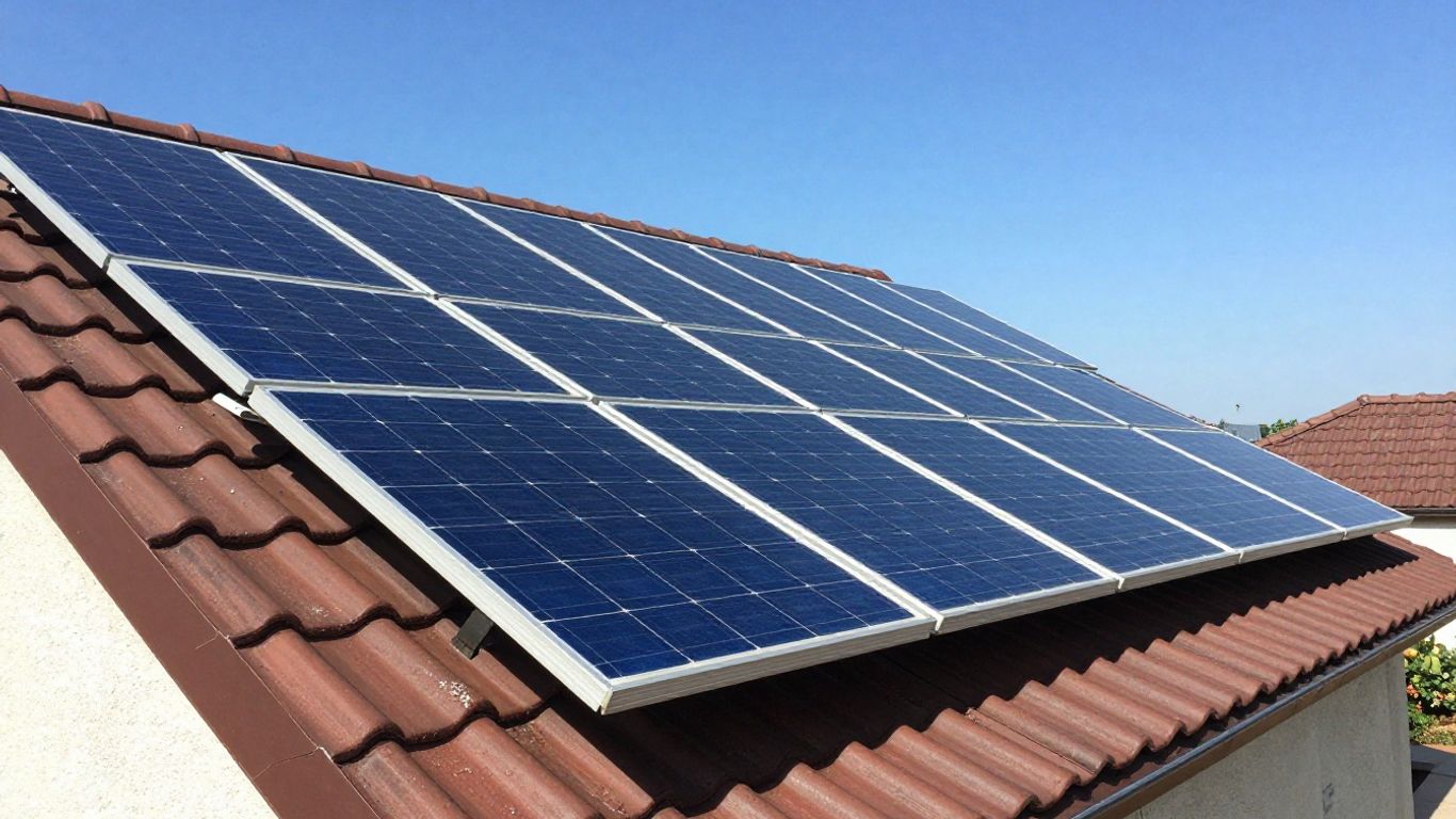 Panneaux solaires sur un toit orientés vers le soleil.