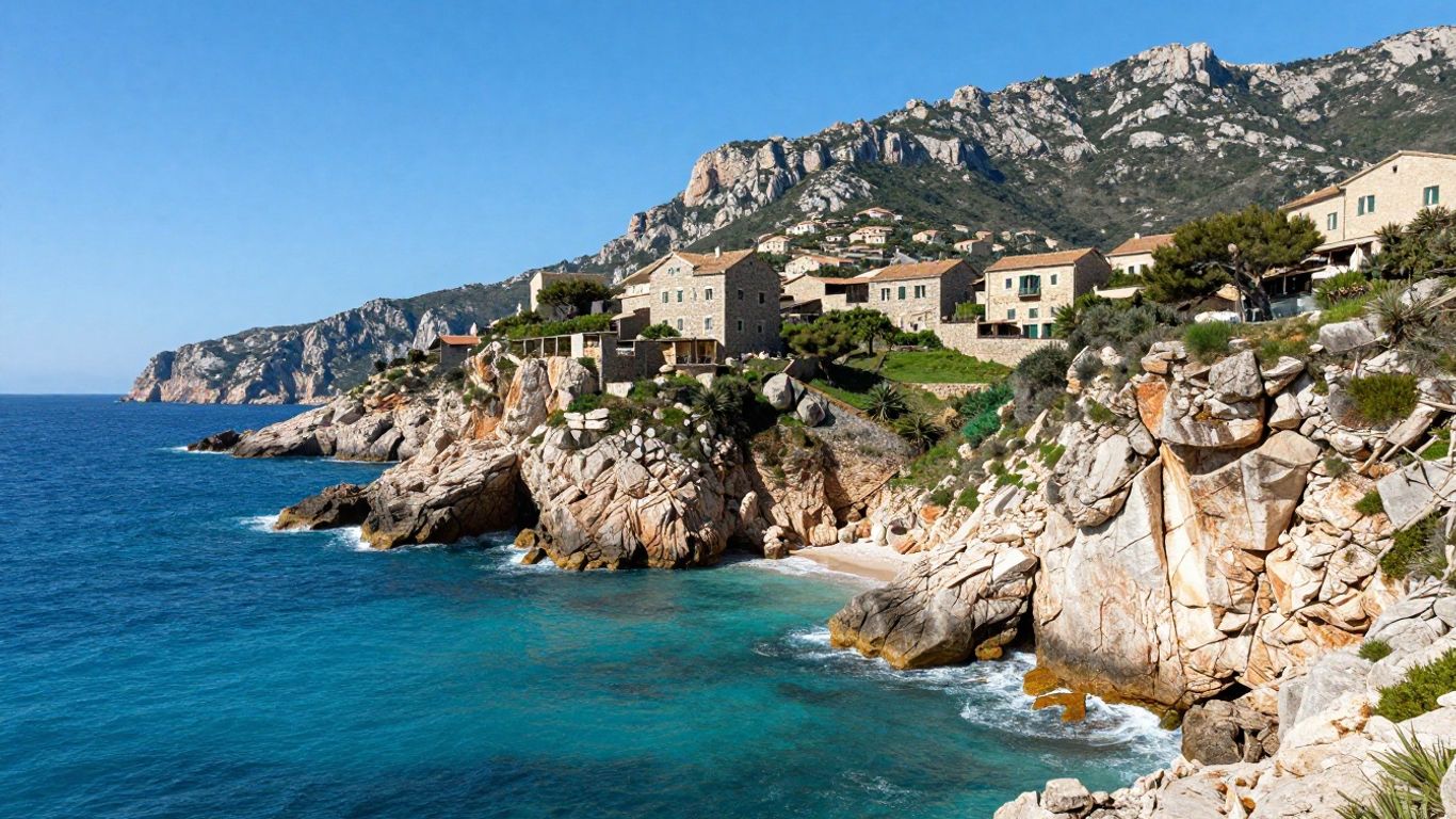 Corsican coastline with hidden coves and mountain villages.