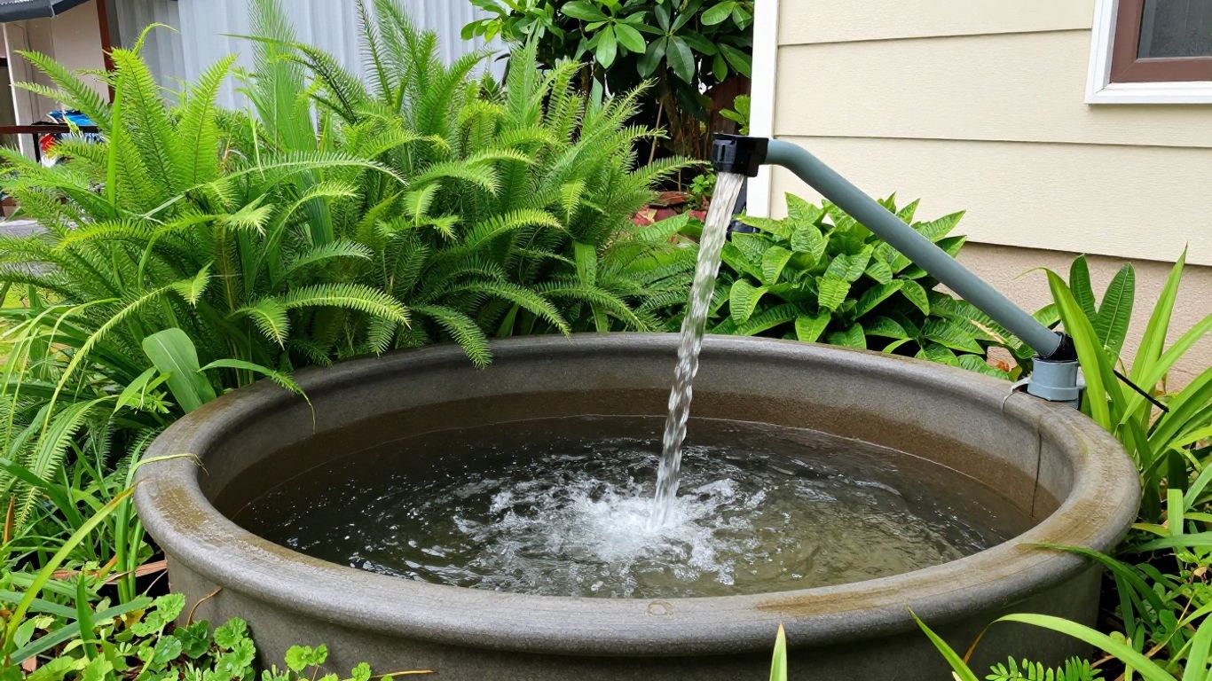 Rainwater harvesting system collecting water from a roof.
