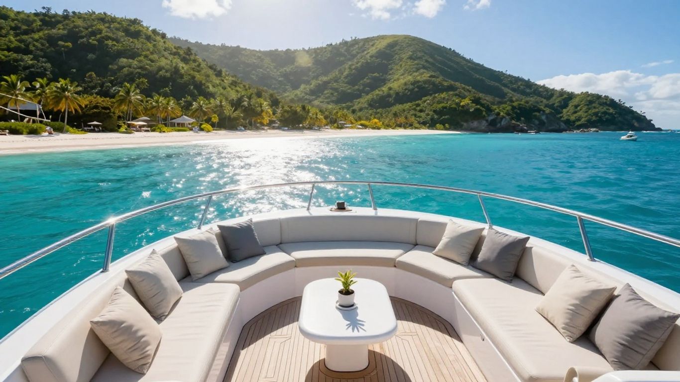 Luxury yacht sailing in the BVI with tropical islands.
