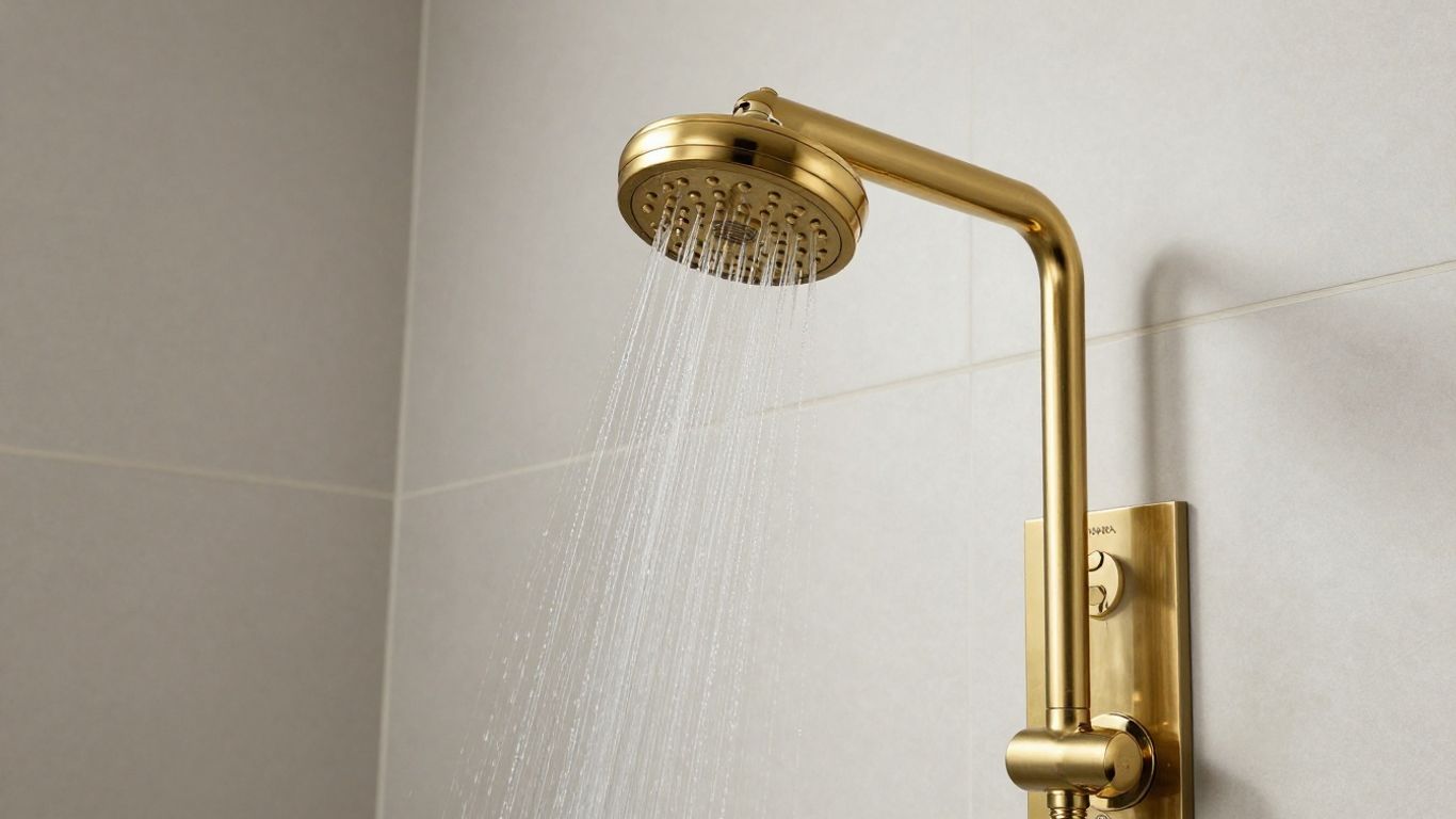 Brass thermostatic shower head with water stream.