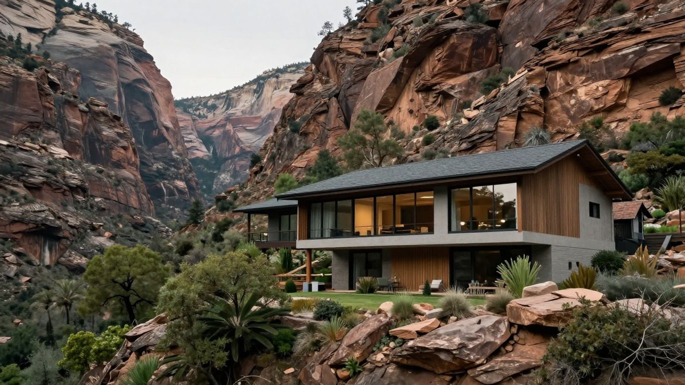 Modern home design in a windy canyon landscape.