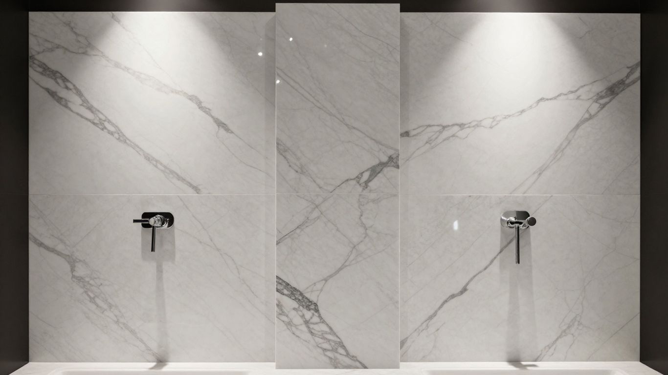 Bookmatched Calacatta marble slab shower wall