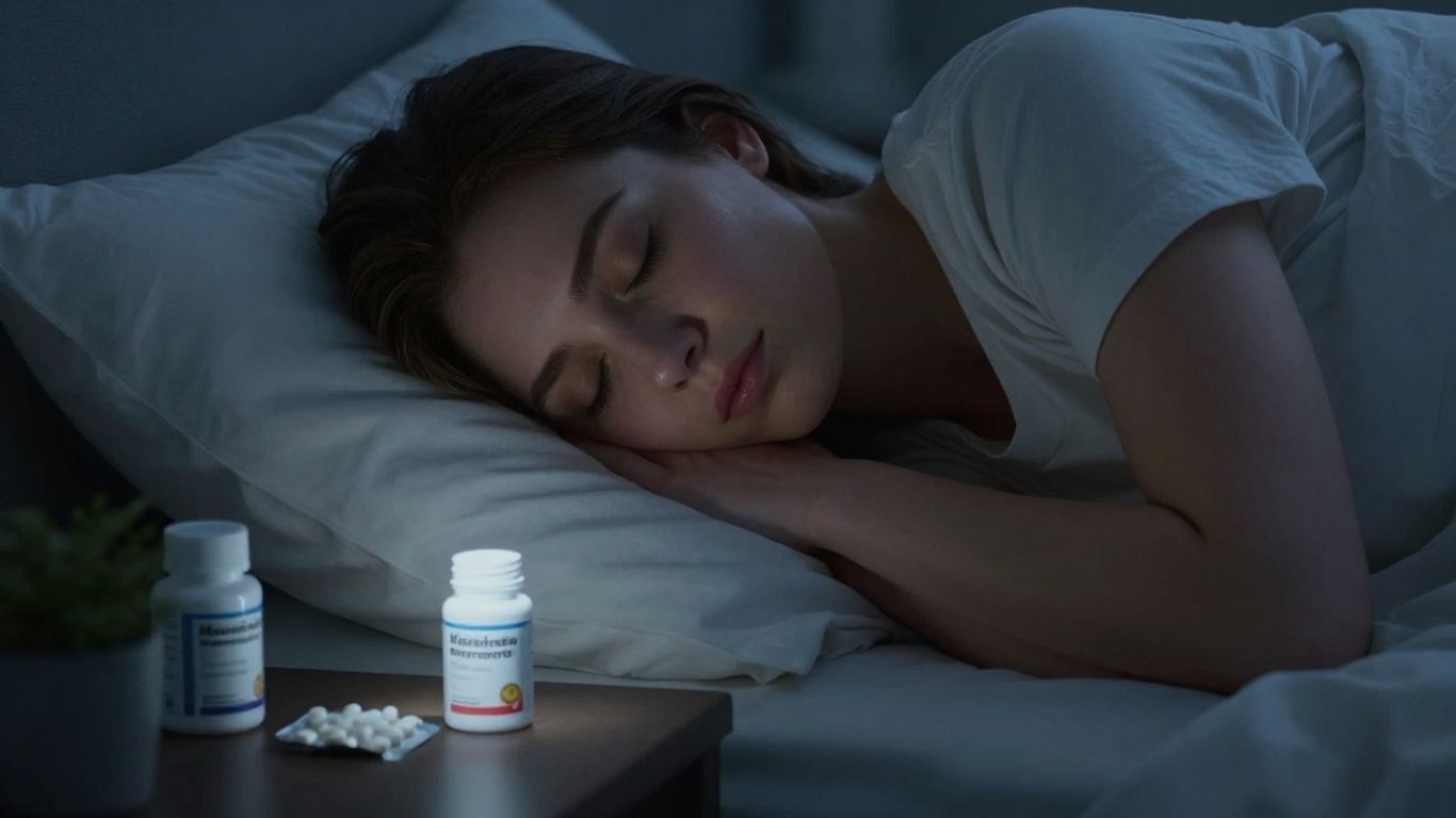 Person sleeping peacefully with melatonin supplement nearby.