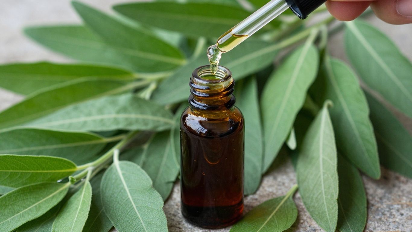 Patchouli oil pouring from dropper into vial with leaves.