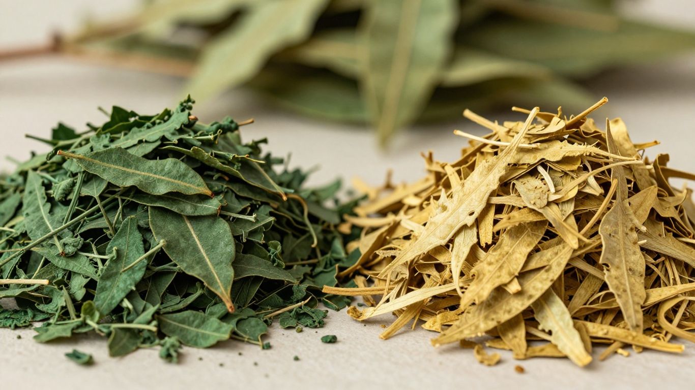 Two piles of patchouli leaves, one green, one golden.