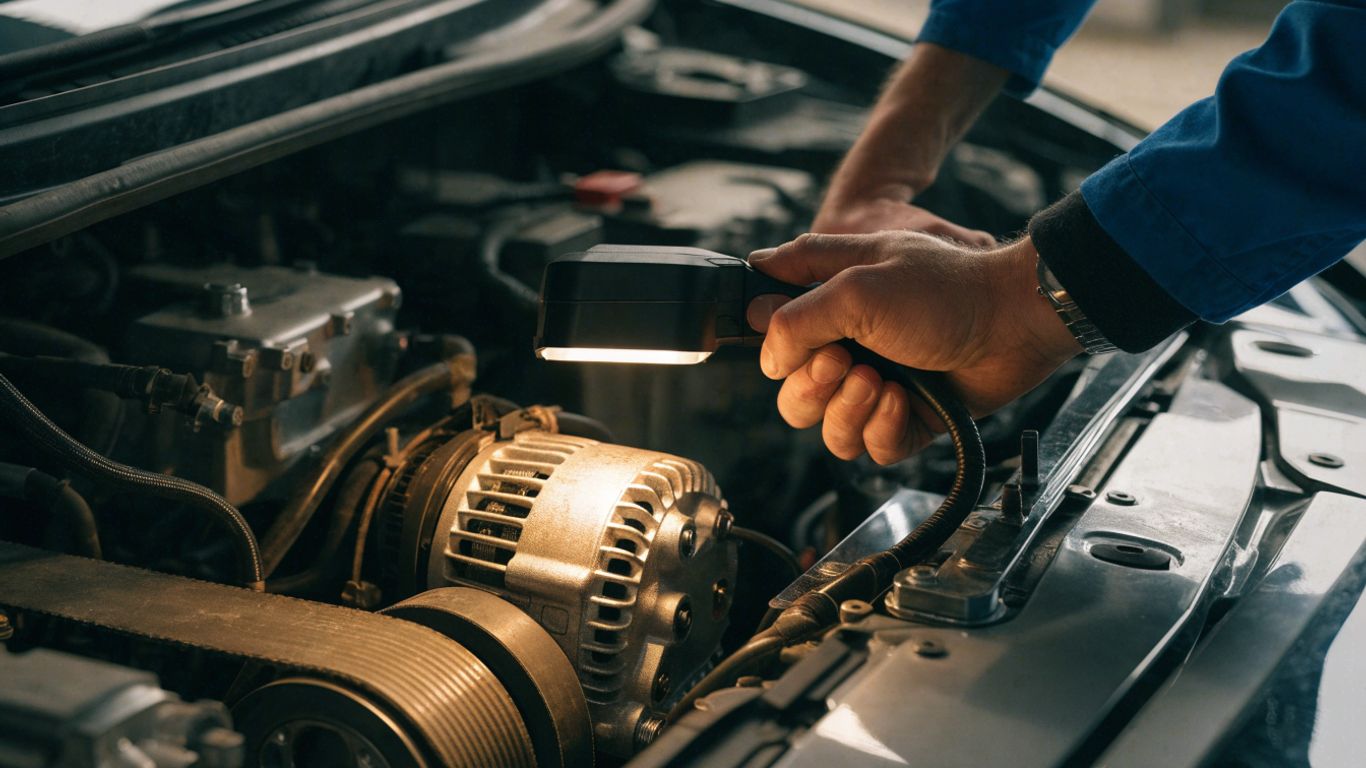 Mechanic checking alternator and engine belt
