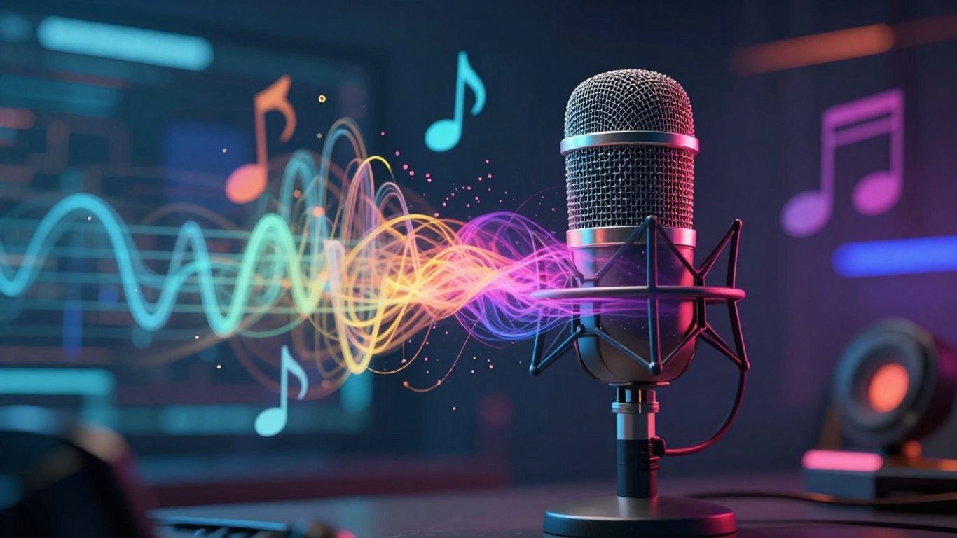 AI music generation with sound waves and notes.