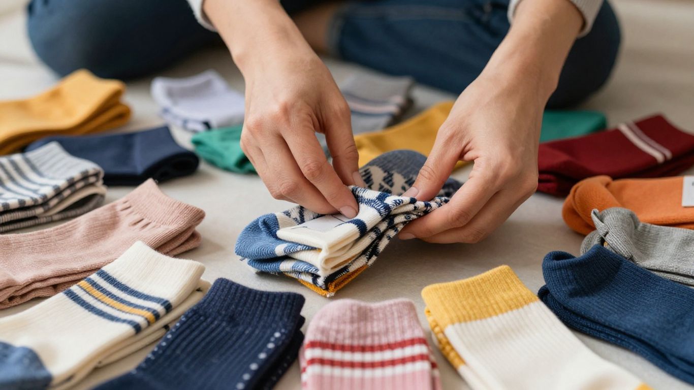 Woman choosing work socks from a colorful display.