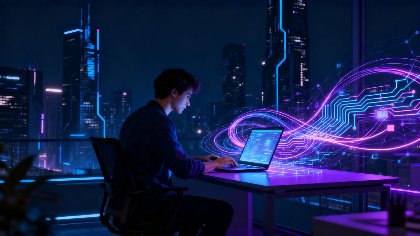 Person working on laptop with digital circuits and futuristic cityscape.