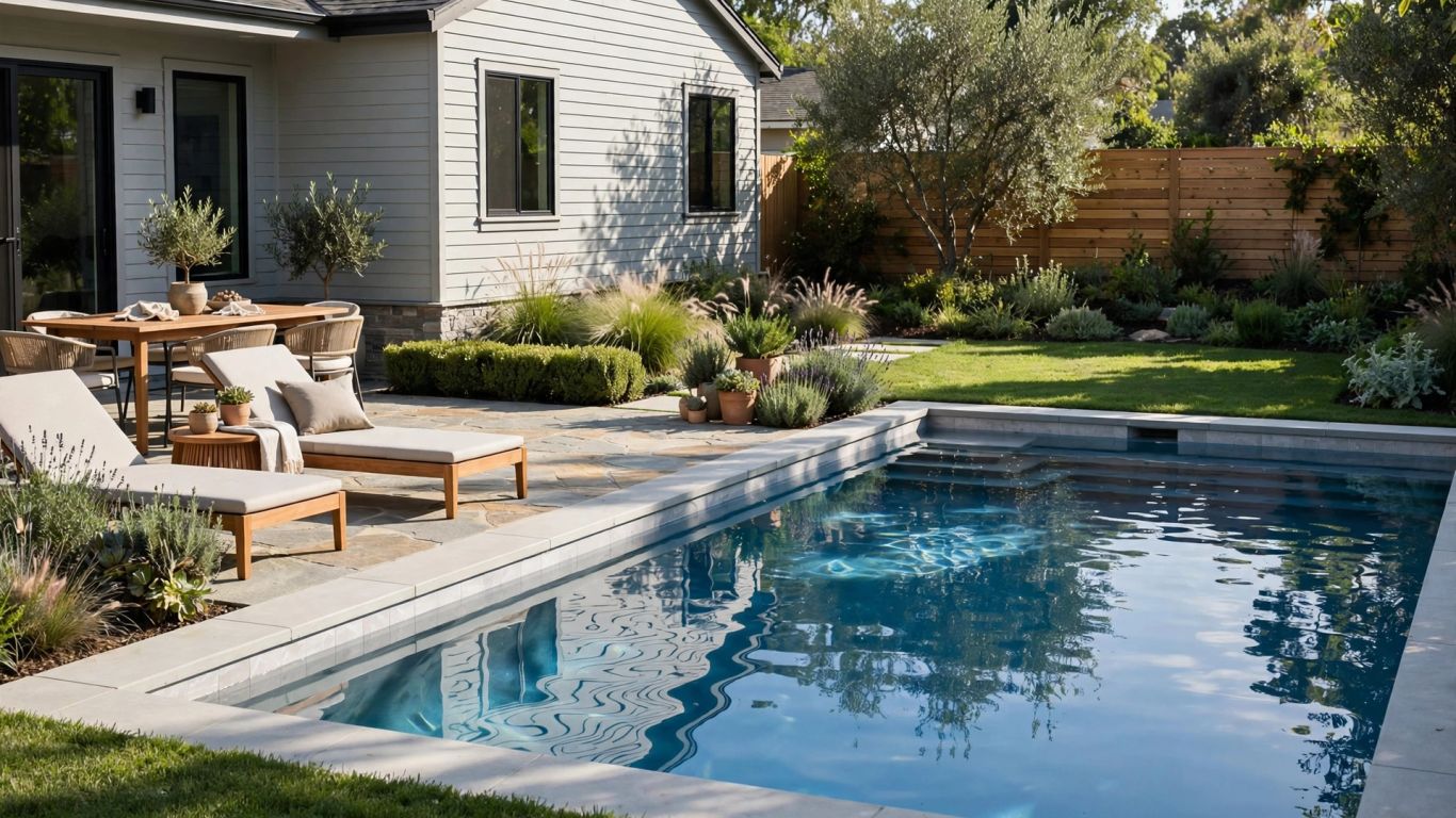 A finished backyard pool beside a family home