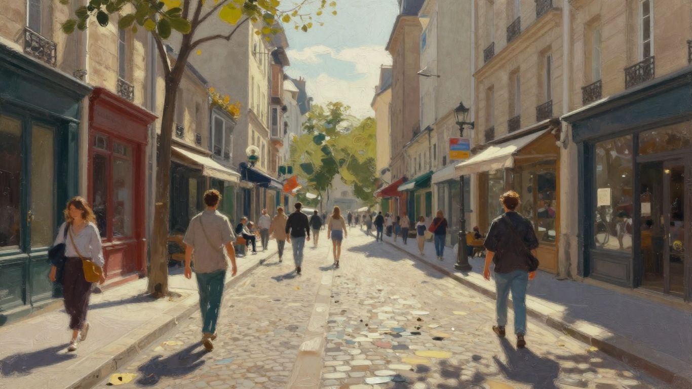 Impressionist painting of a street scene with light and color.