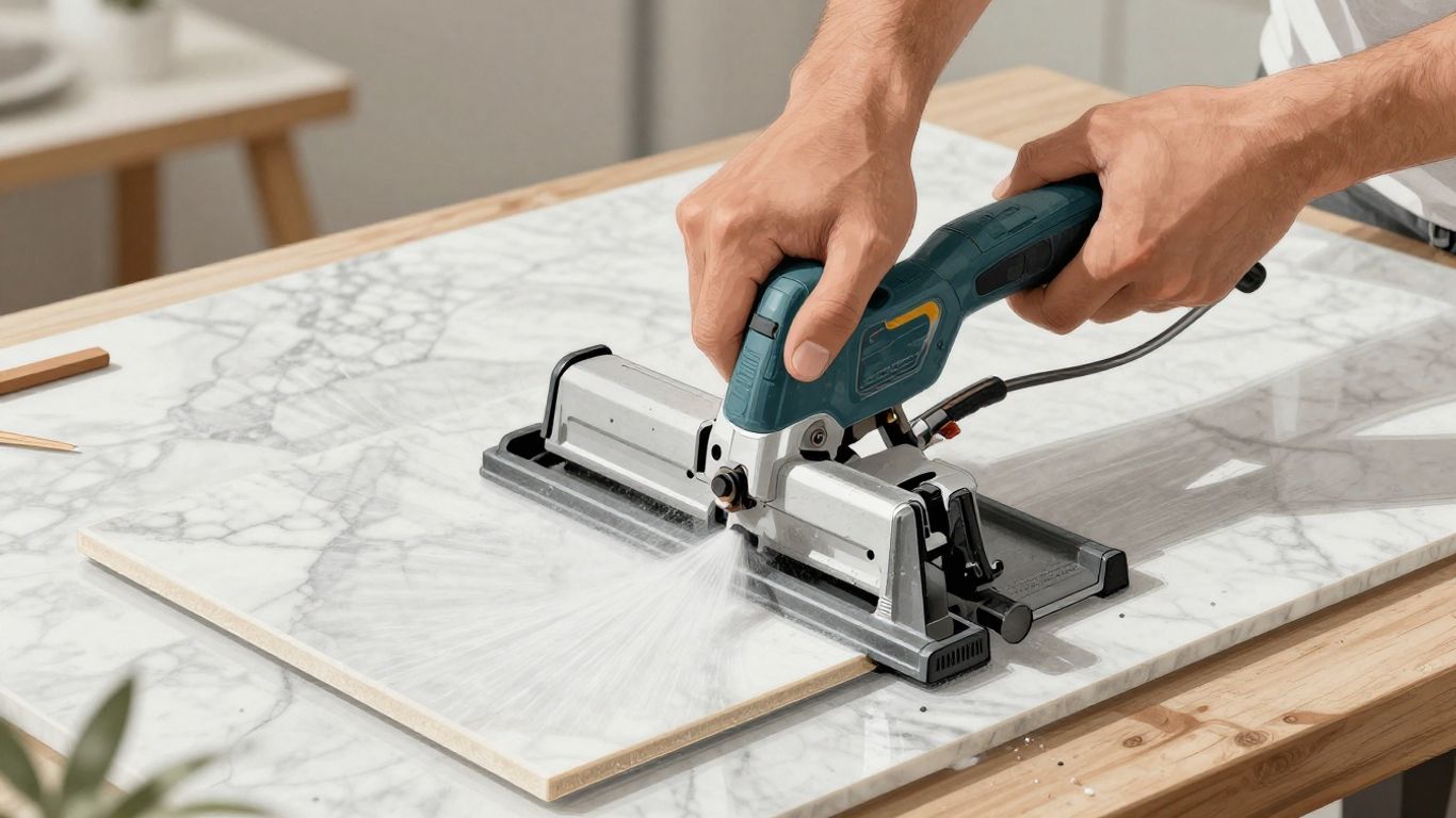 Contractor using a wet saw to cut marble tile.