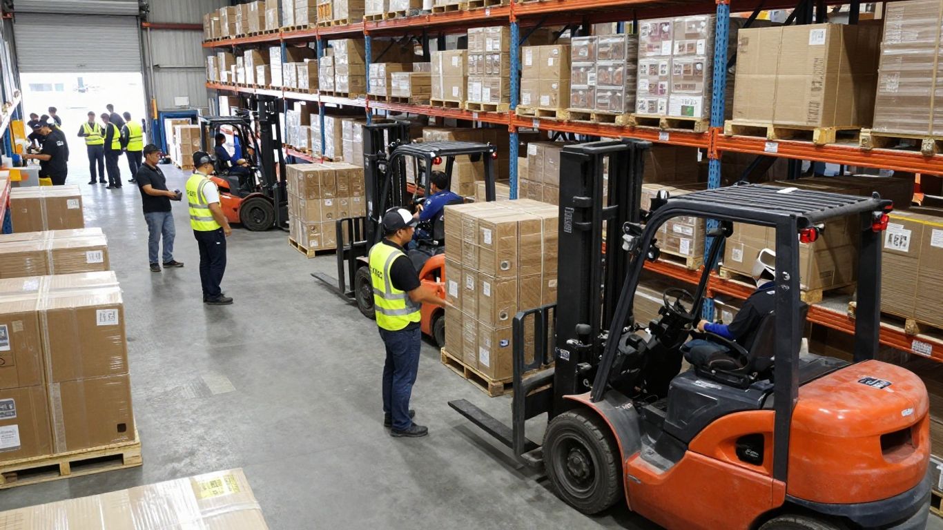 Distribution center operations with teams and forklifts.