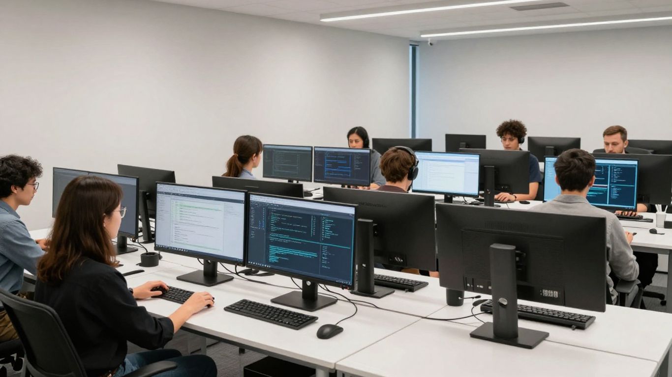 A diverse team working on software development at desks
