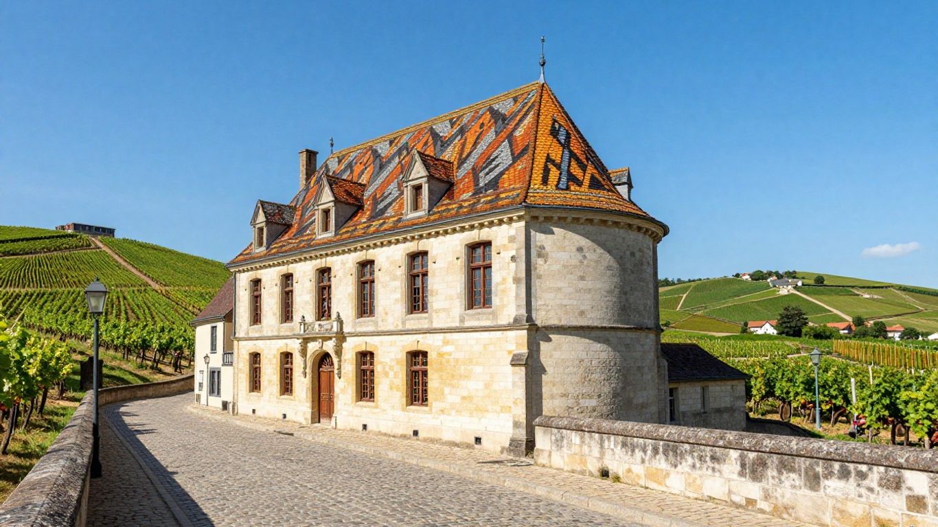 Historic Hospices de Beaune building with colorful tiled roof.