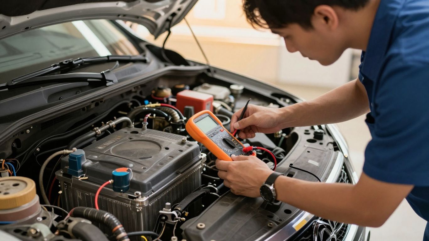 Technician checking battery and diagnostic scanner