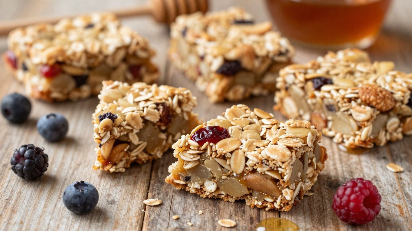 Healthy homemade breakfast bars with oats, nuts, and fruit.
