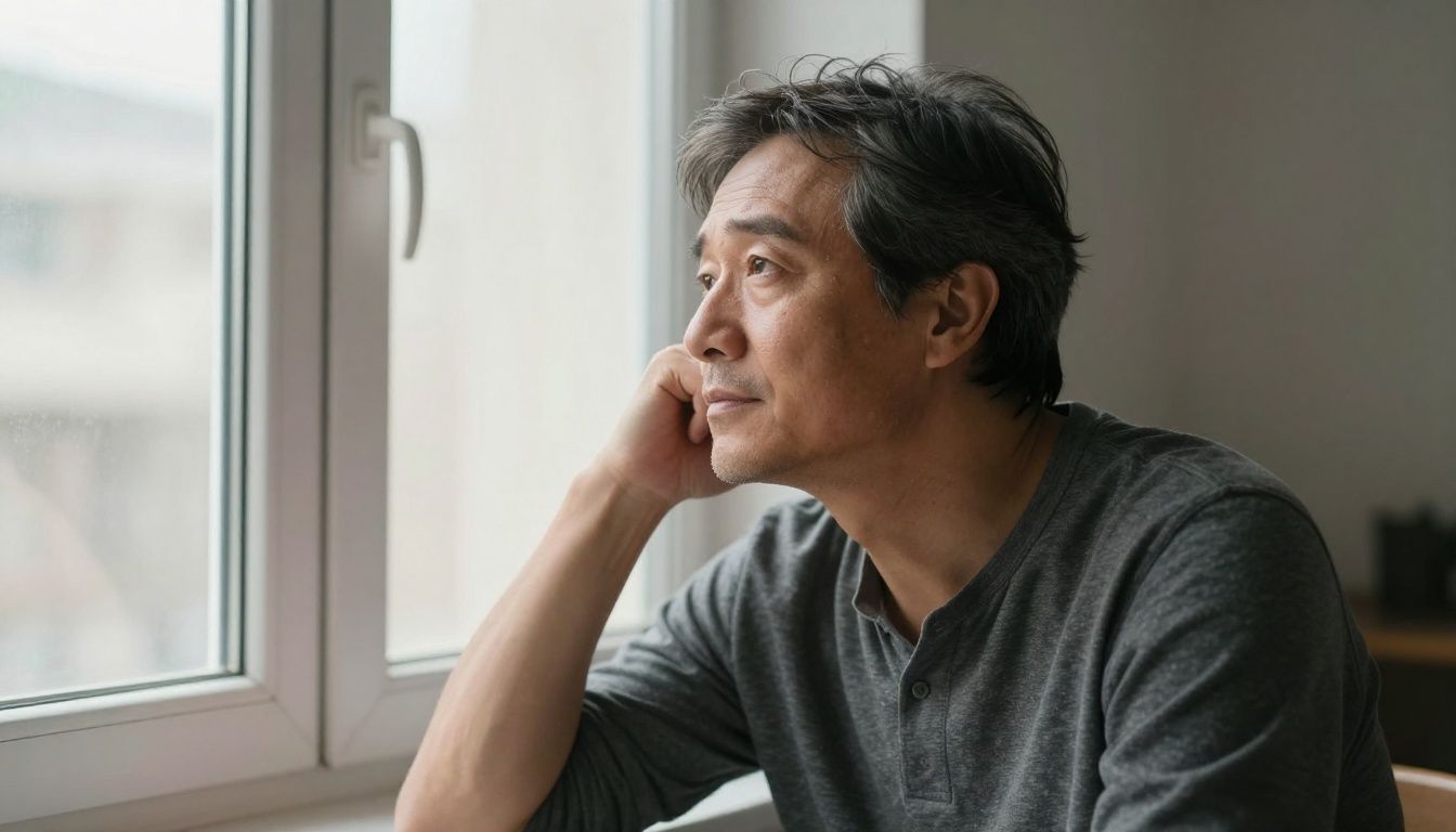 A man in his 40s looking out a window with a thoughtful expression, reflecting on his energy and well-being as the morning light comes in.