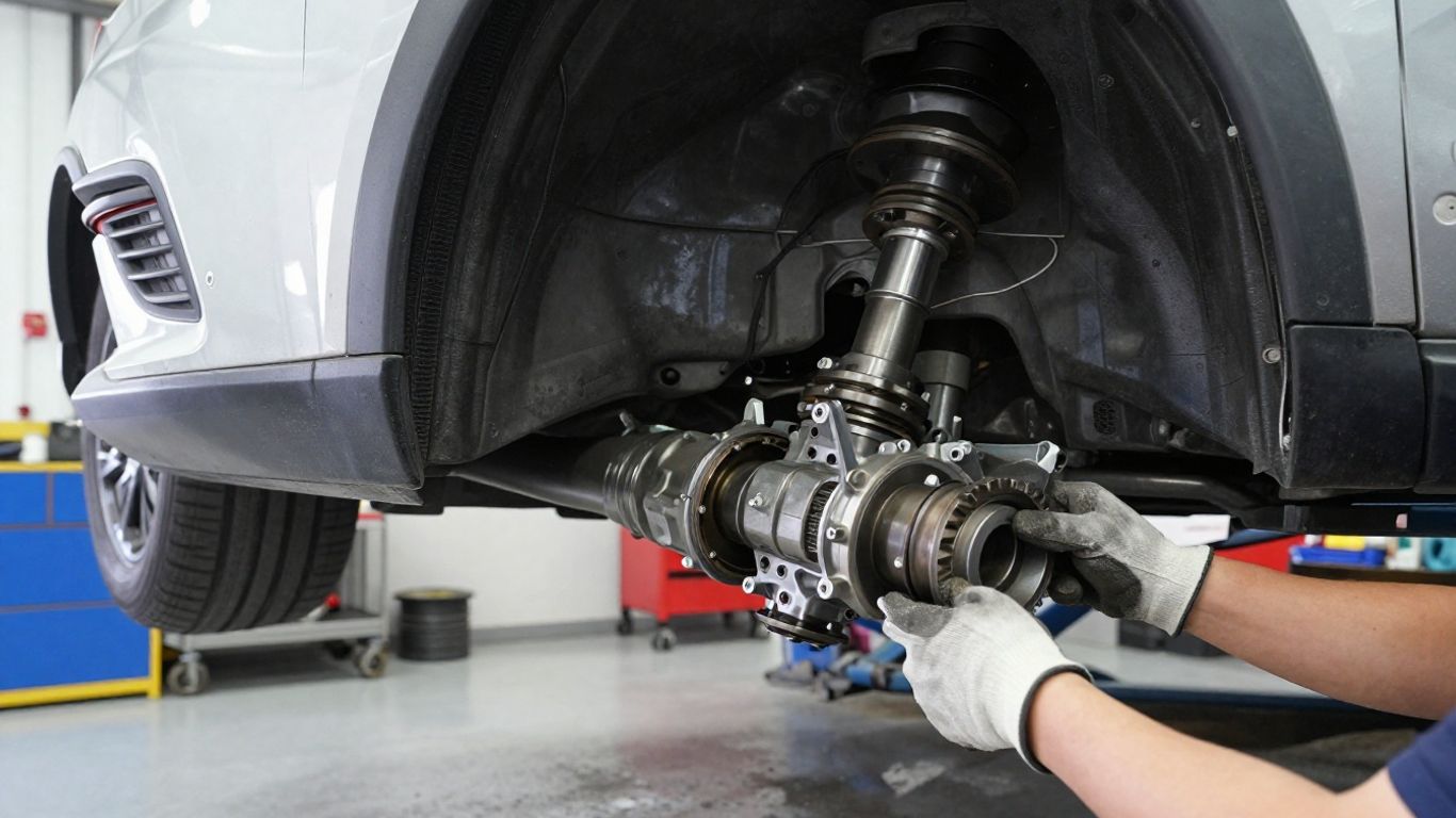 Mechanic inspecting an SUV drivetrain