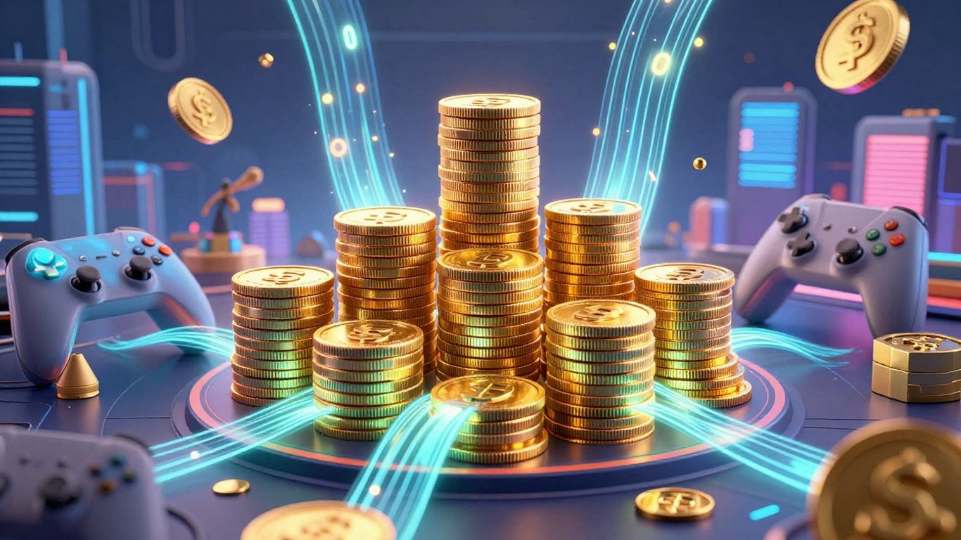 Gaming industry wealth: gold coins, controllers, futuristic city.