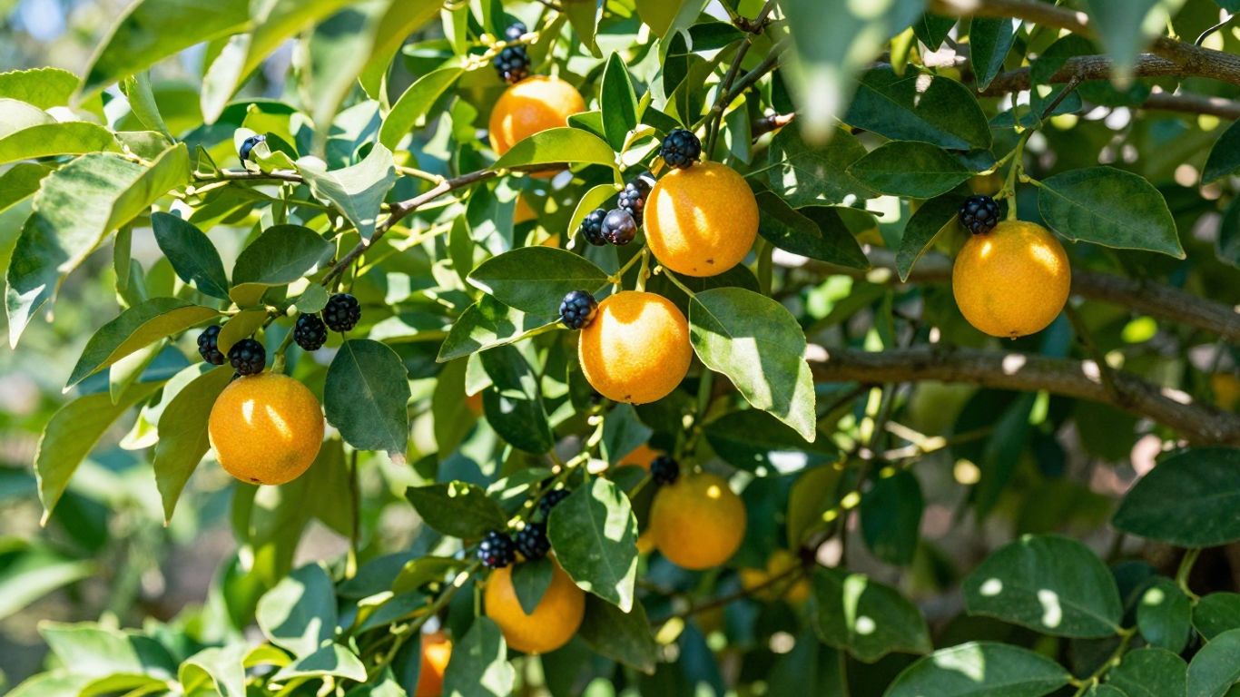 Obstsorten im Schatten unter grünen Blättern