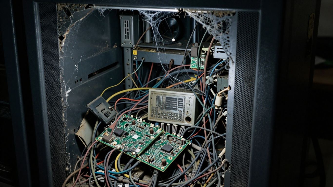 Tangled wires and decaying server rack symbolizing hidden maintenance costs.