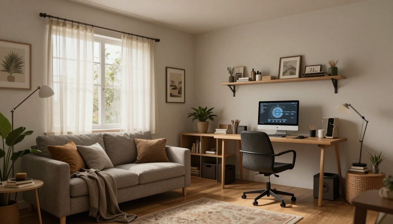 Interior de uma casa virtual com sala, cozinha e escritório decorados em estilos diferentes, representando a liberdade criativa de Paralives