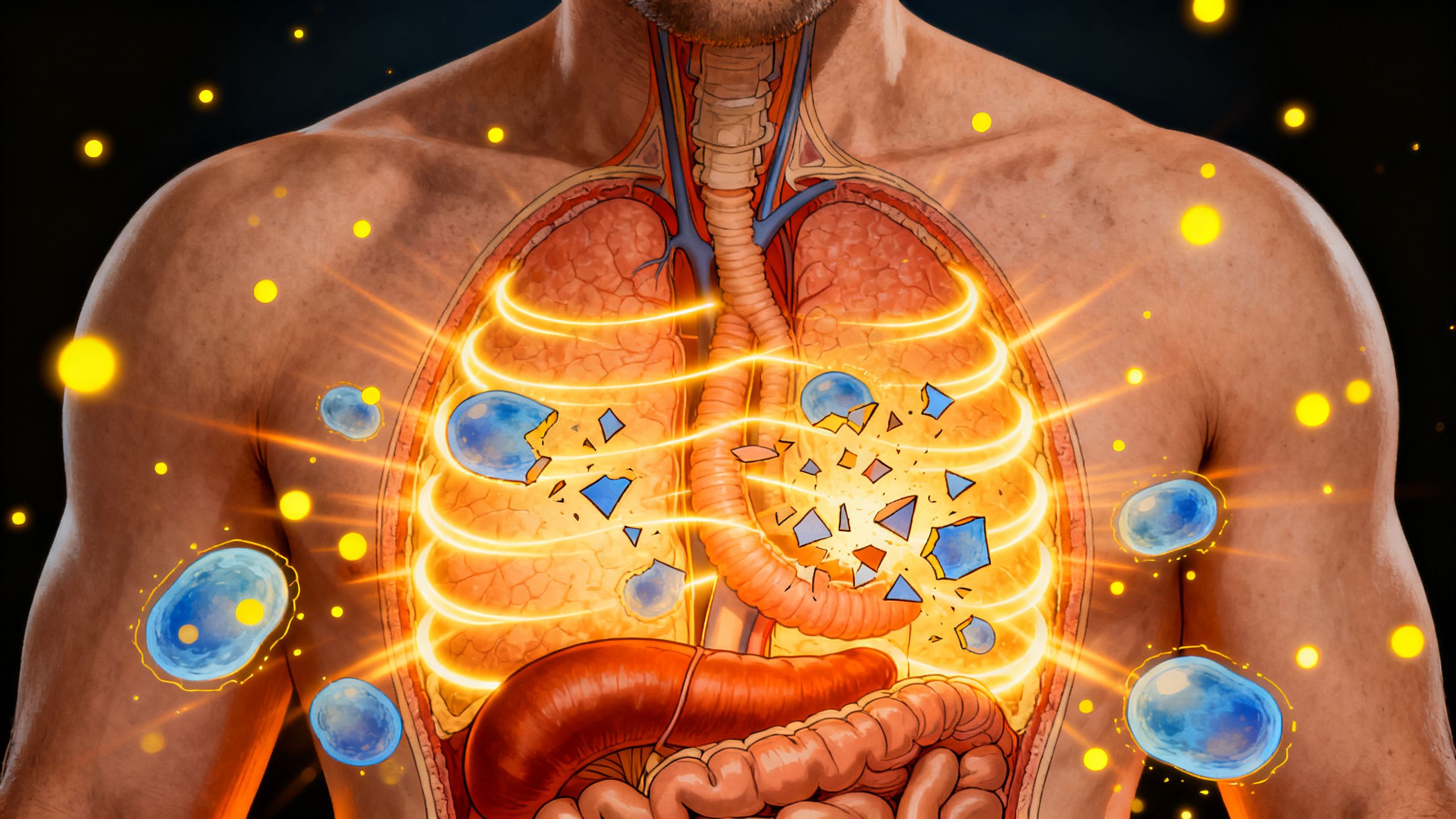 An anatomical illustration showing a man's metabolism firing up and burning fat cells for energy