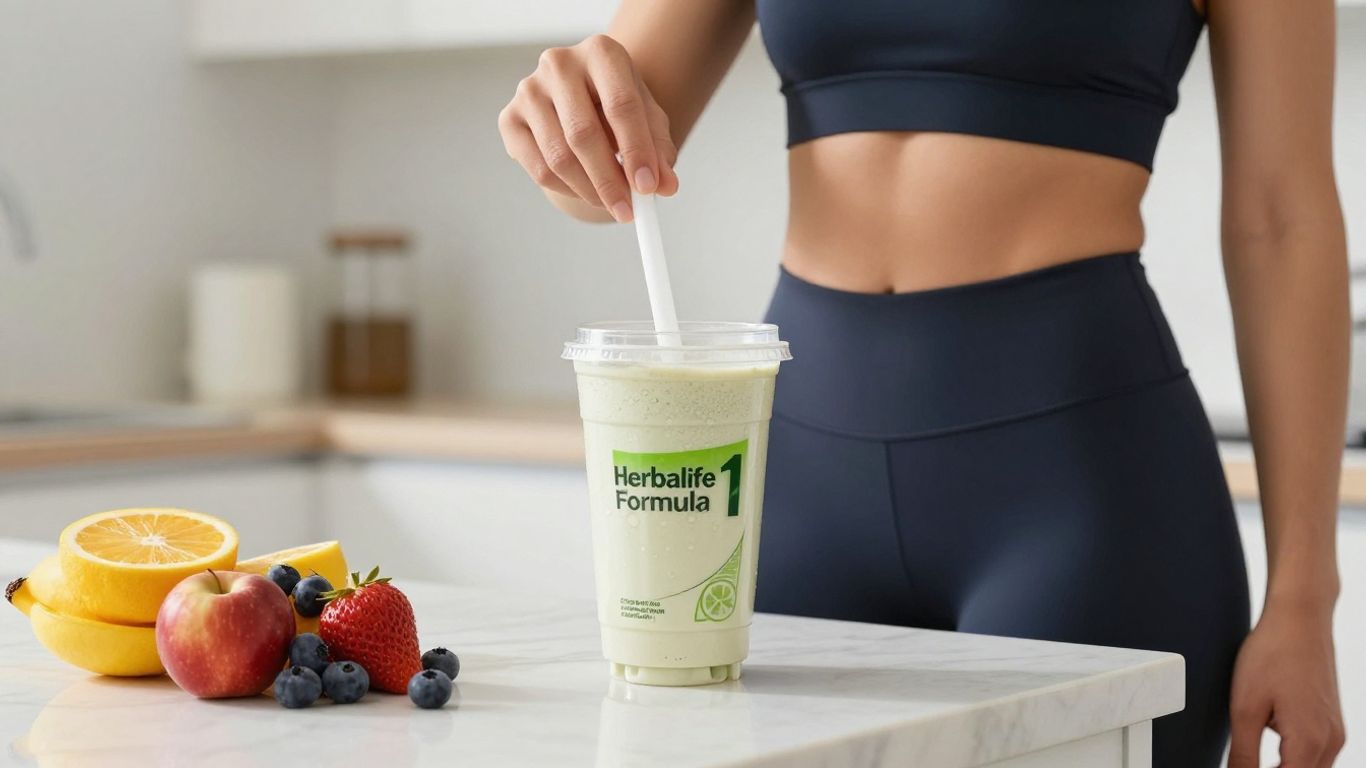 Person making Herbalife Formula 1 shake in kitchen