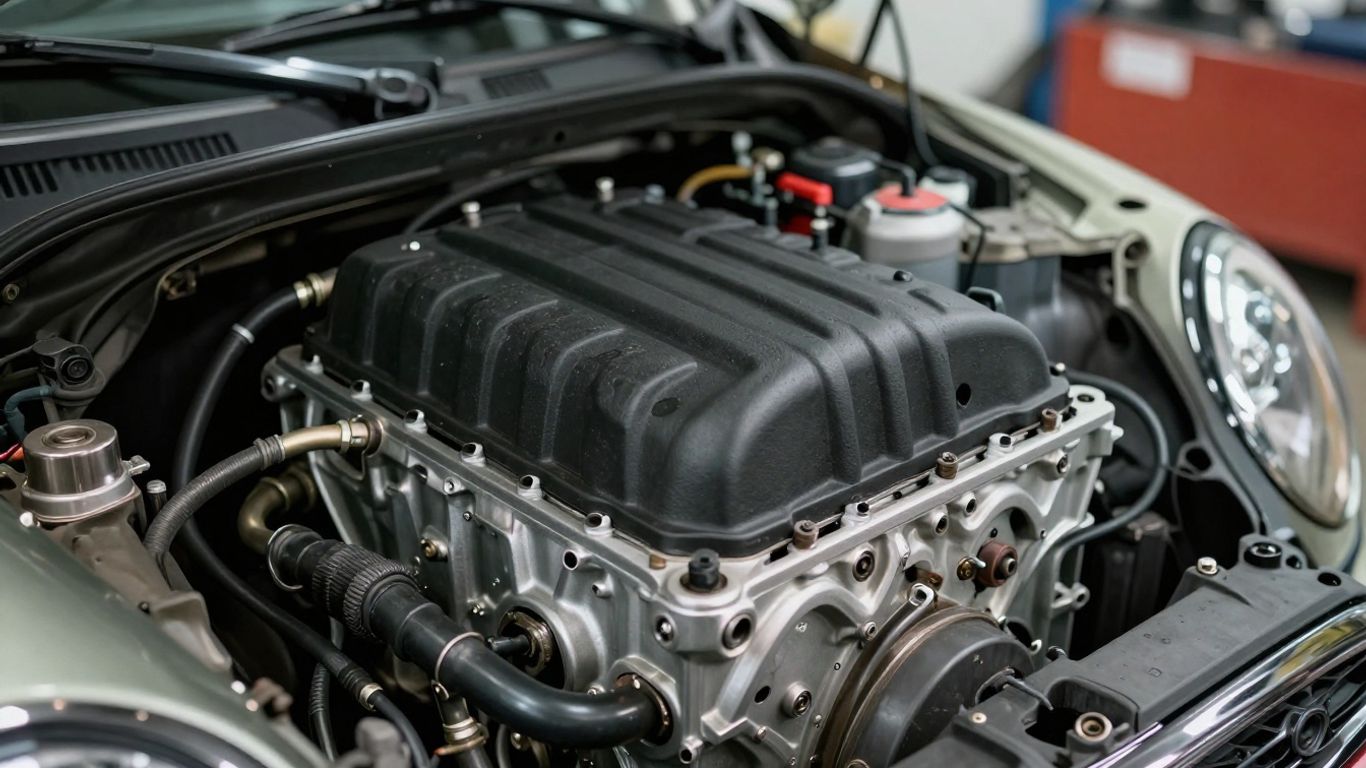 Used Mini Cooper petrol engine in a workshop.