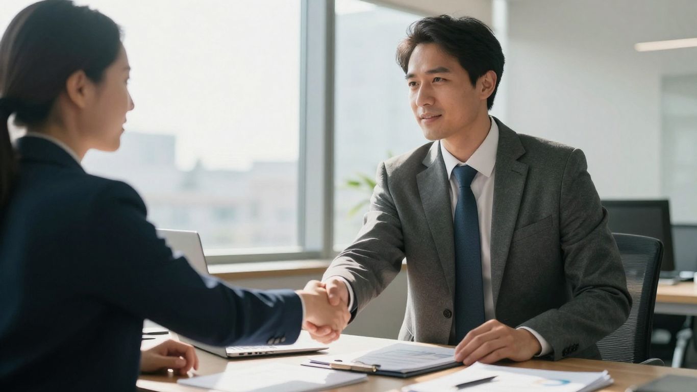 Financial consultant and client shaking hands in office.