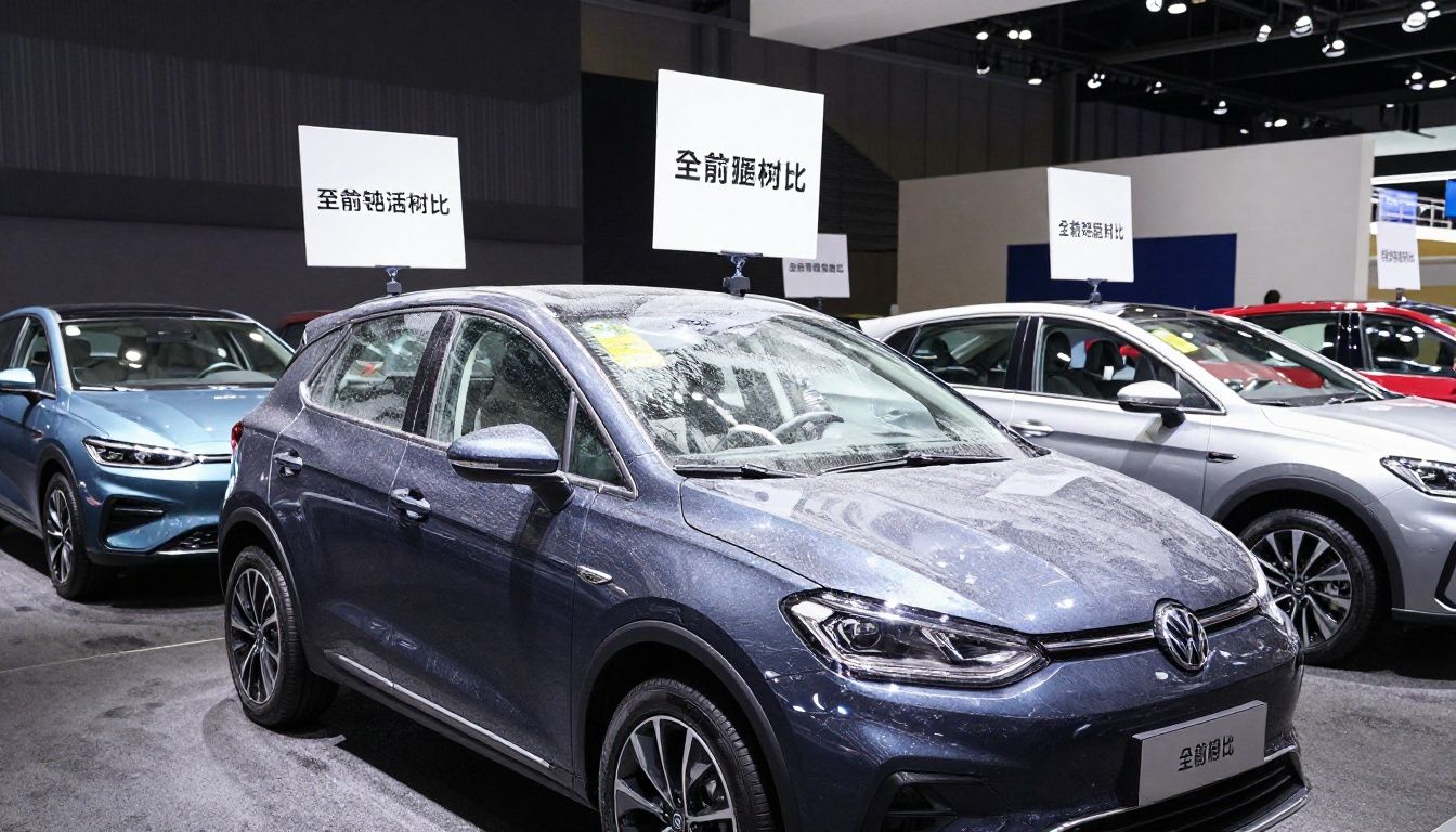 Mehrere Elektroautos verschiedener Marken in einer Ausstellungshalle, einige mit Preisschildern und Staub auf der Windschutzscheibe