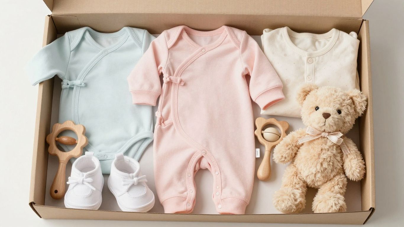 Caja de regalo para bebé con ropa y juguetes.
