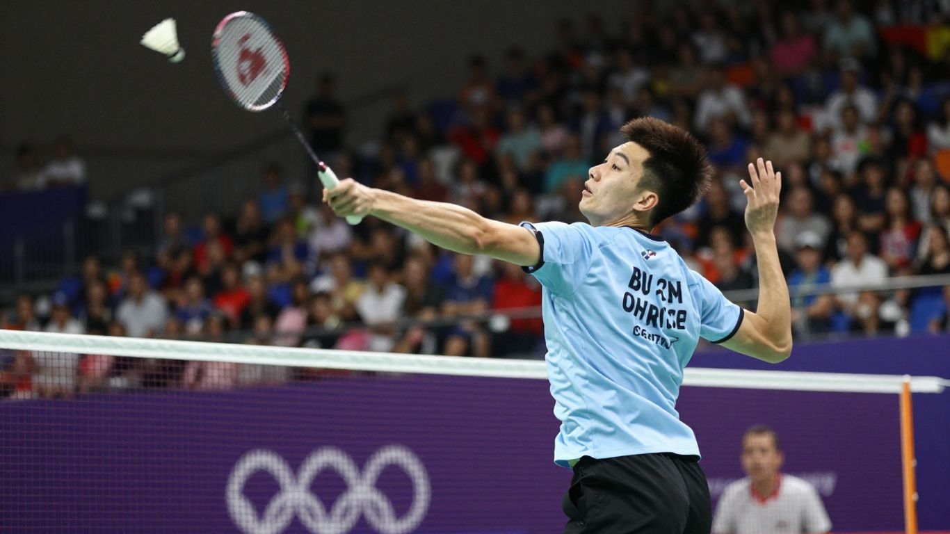 Badminton player smashing shuttlecock during a live match.
