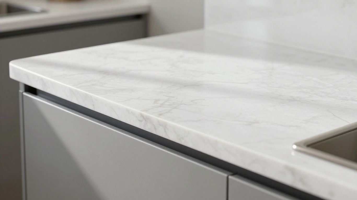 White quartz kitchen worktop with subtle veining.