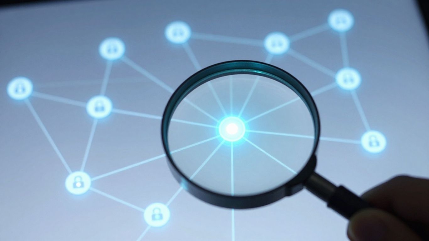 Digital network with magnifying glass scanning for vulnerabilities.
