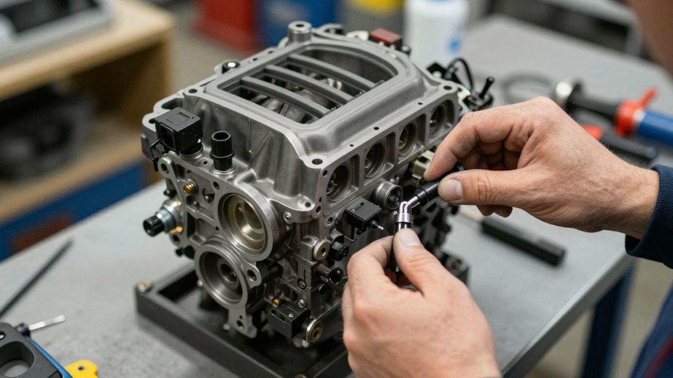 Mechanic inspecting a diesel replacement engine