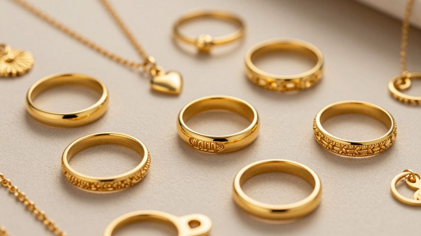 مجوهرات ذهبية لامعة، جاهزة للبيع عبر الإنترنت.