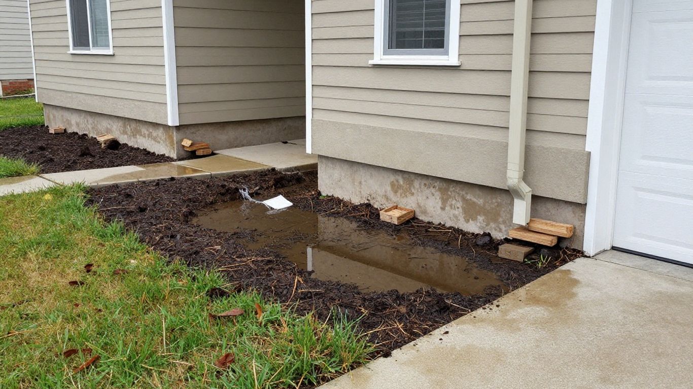 Suburban house with water pooling and drainage issue