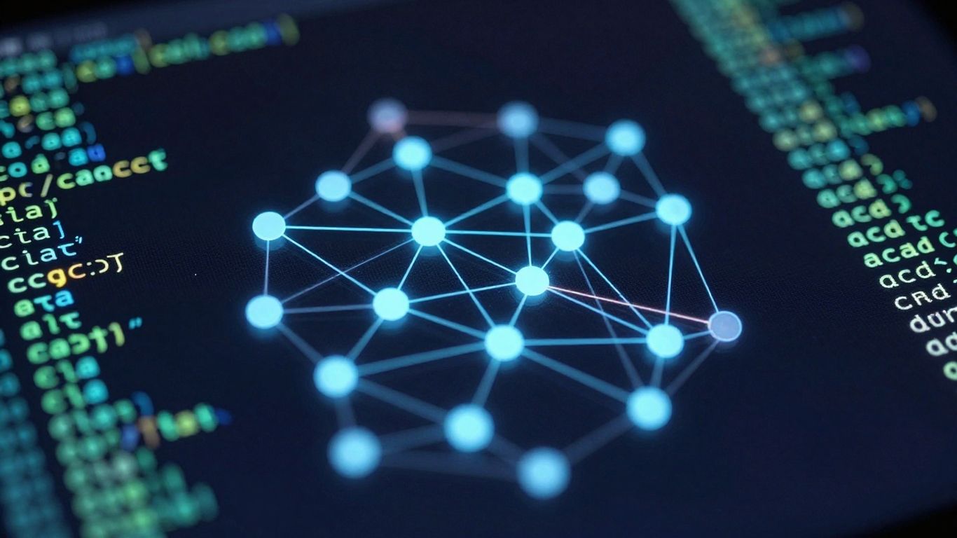 Digital screen with code and glowing network visualization.