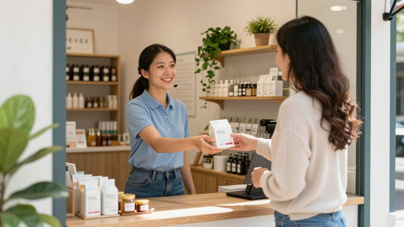 Cliente feliz recebendo produto de atendente sorridente.