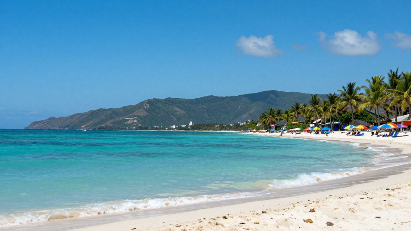 Beautiful Mexican beach with palm trees and clear blue water.