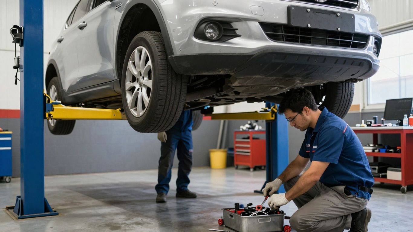Mechanics servicing a car in a professional auto repair shop.